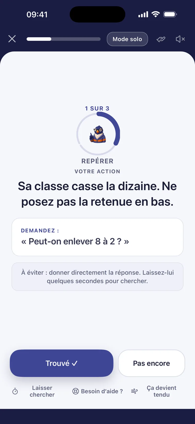 Séance guidée Binomino demandant au parent une question et laissant l’enfant chercher.