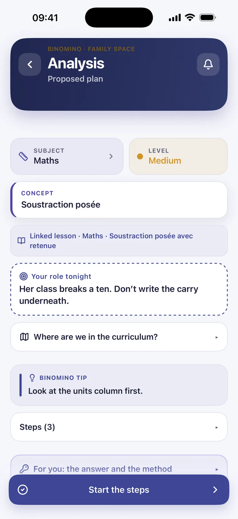 Le même devoir dans Binomino en anglais : l’interface est traduite, la notion reste écrite « Soustraction posée ».