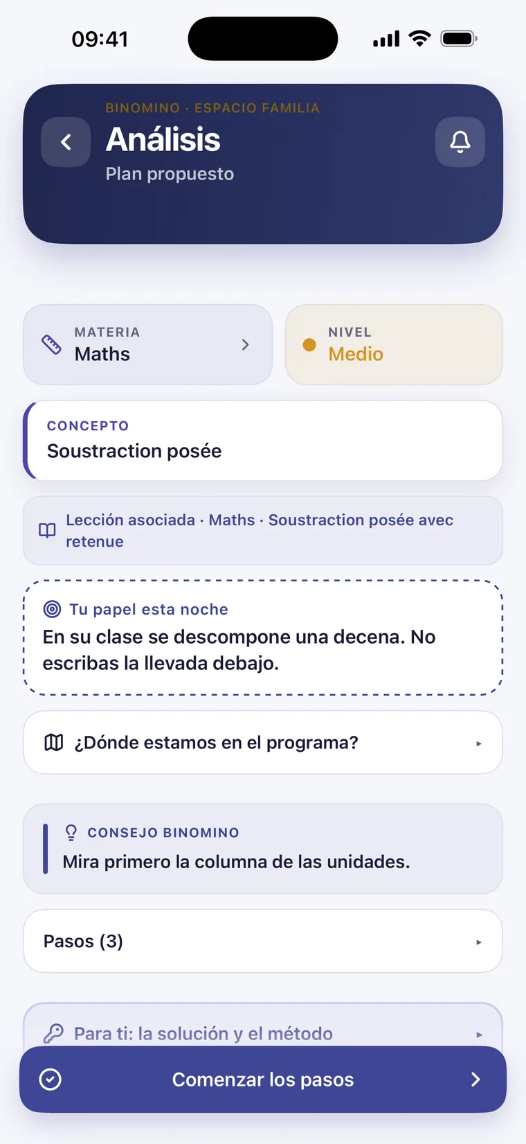 Le même devoir dans Binomino en espagnol : l’interface est traduite, la notion reste écrite « Soustraction posée ».