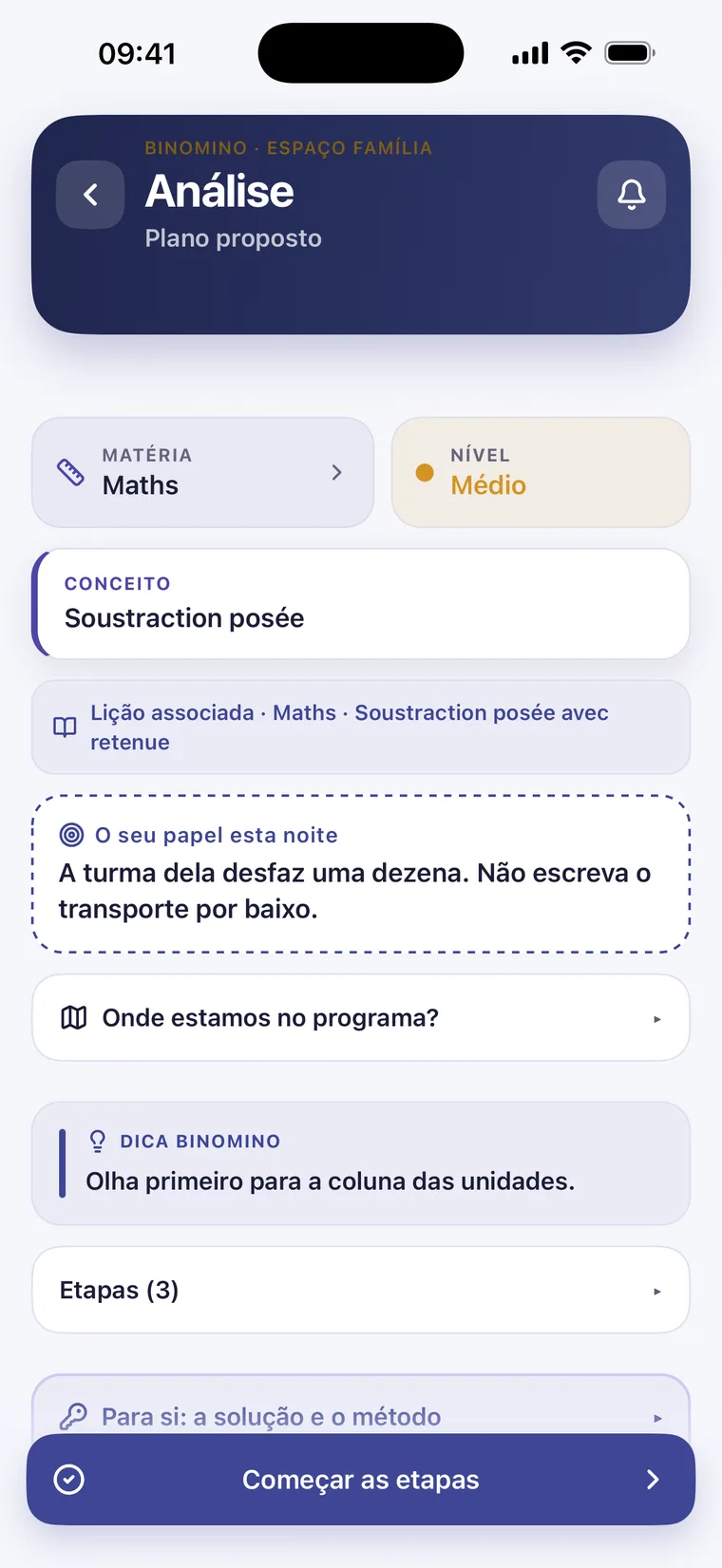Le même devoir dans Binomino en portugais : l’interface est traduite, la notion reste écrite « Soustraction posée ».