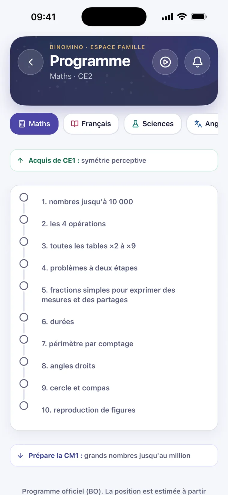 Écran Programme : les matières, les acquis de l’année précédente et les notions de l’année.