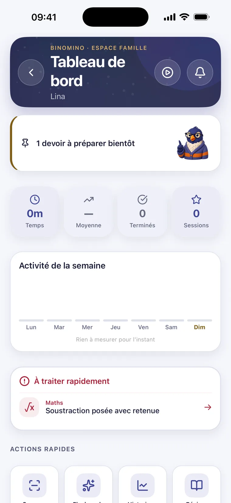 Tableau de bord Binomino : l’activité de la semaine et les notions à traiter.
