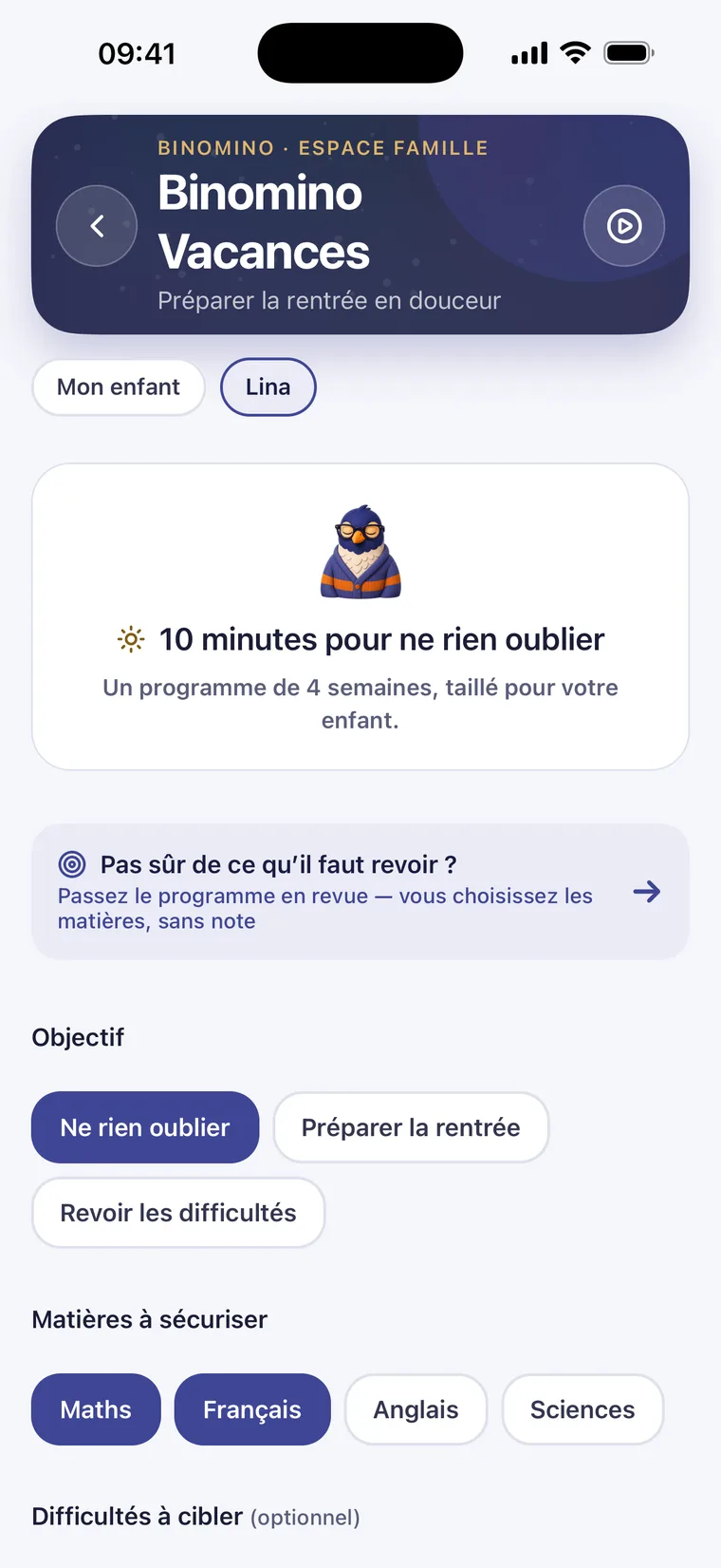 Écran de révision de vacances : un programme court, dix minutes par jour.