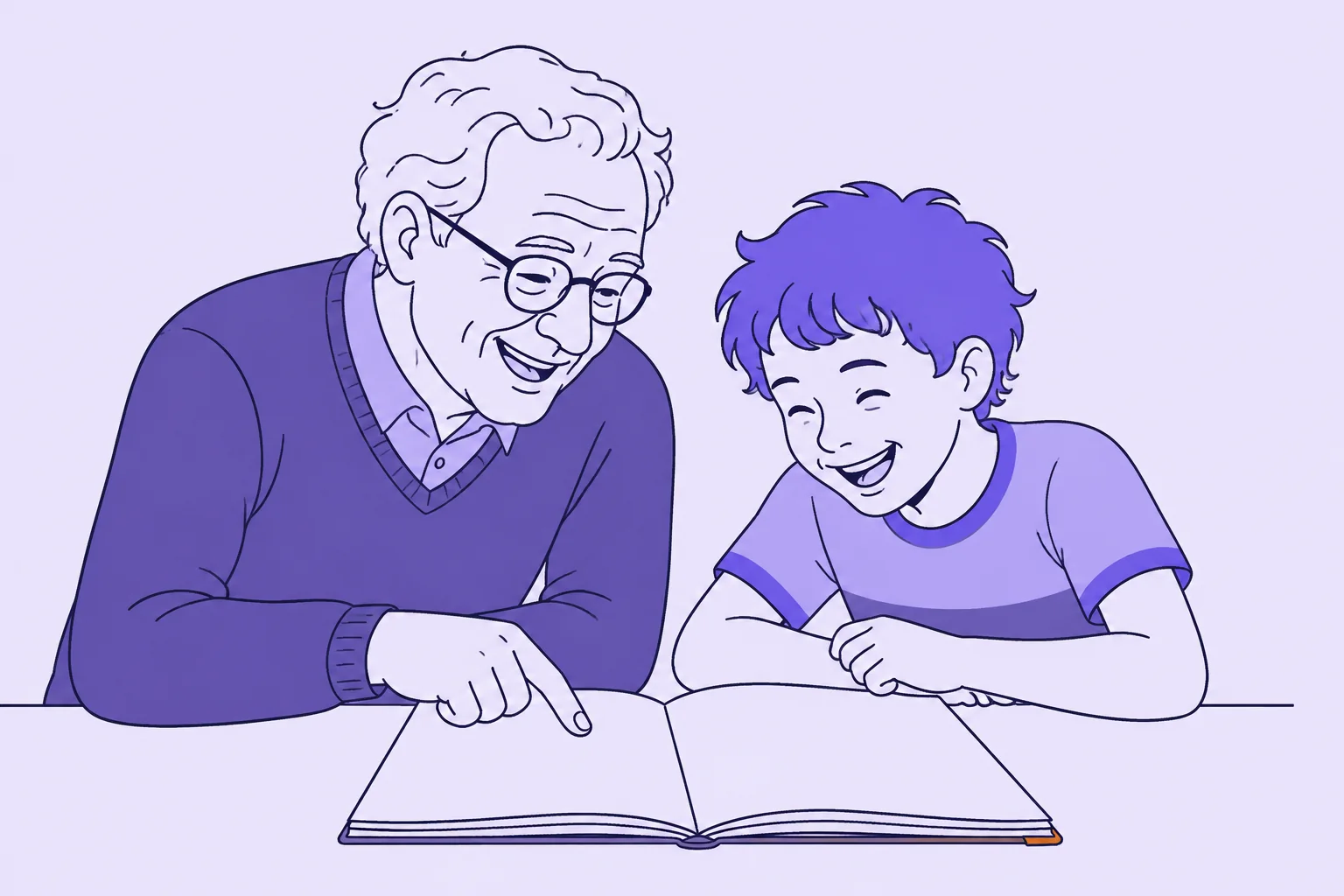 Un grand-père et un enfant de CM2 rient ensemble au-dessus du cahier.