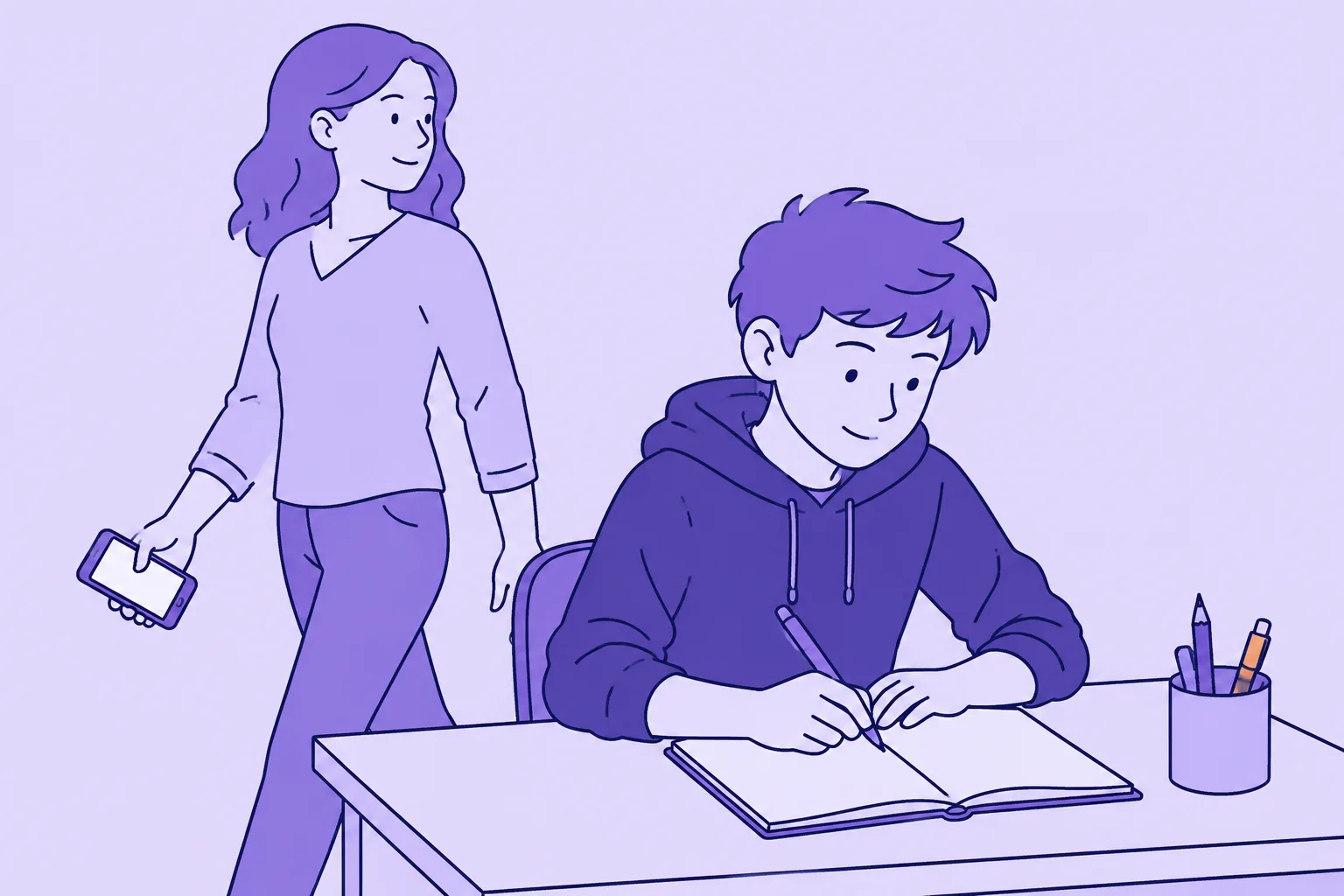 Une mère passe derrière un collégien qui travaille seul à son bureau ; ils se sourient.