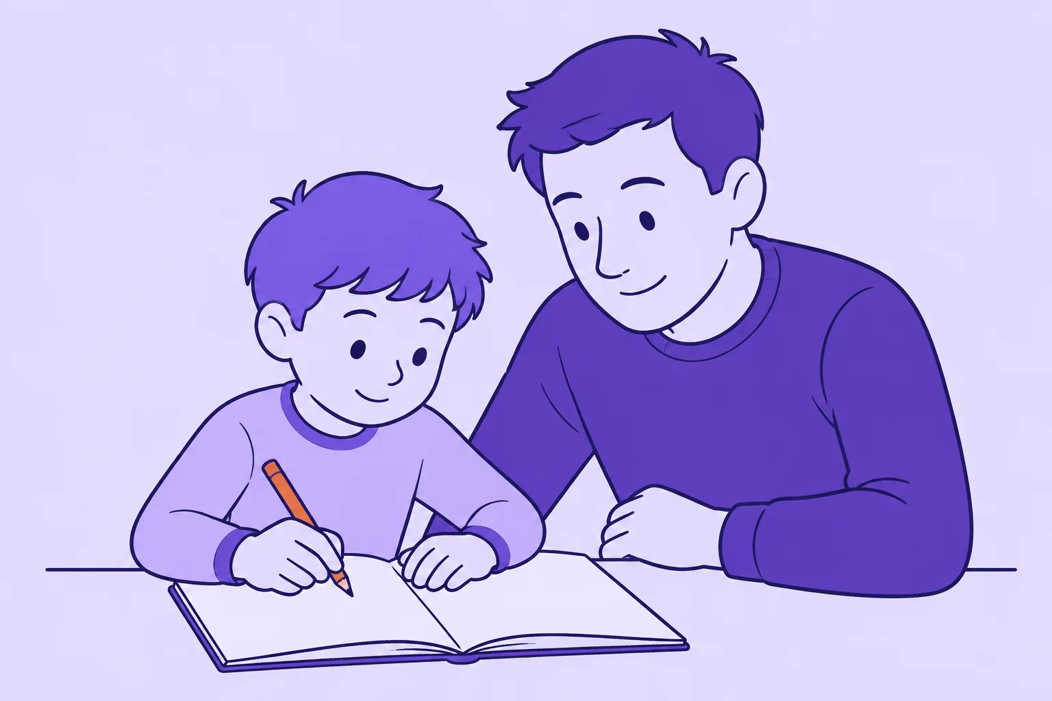 Un père assis à côté de son enfant de CP, qui écrit dans son cahier.