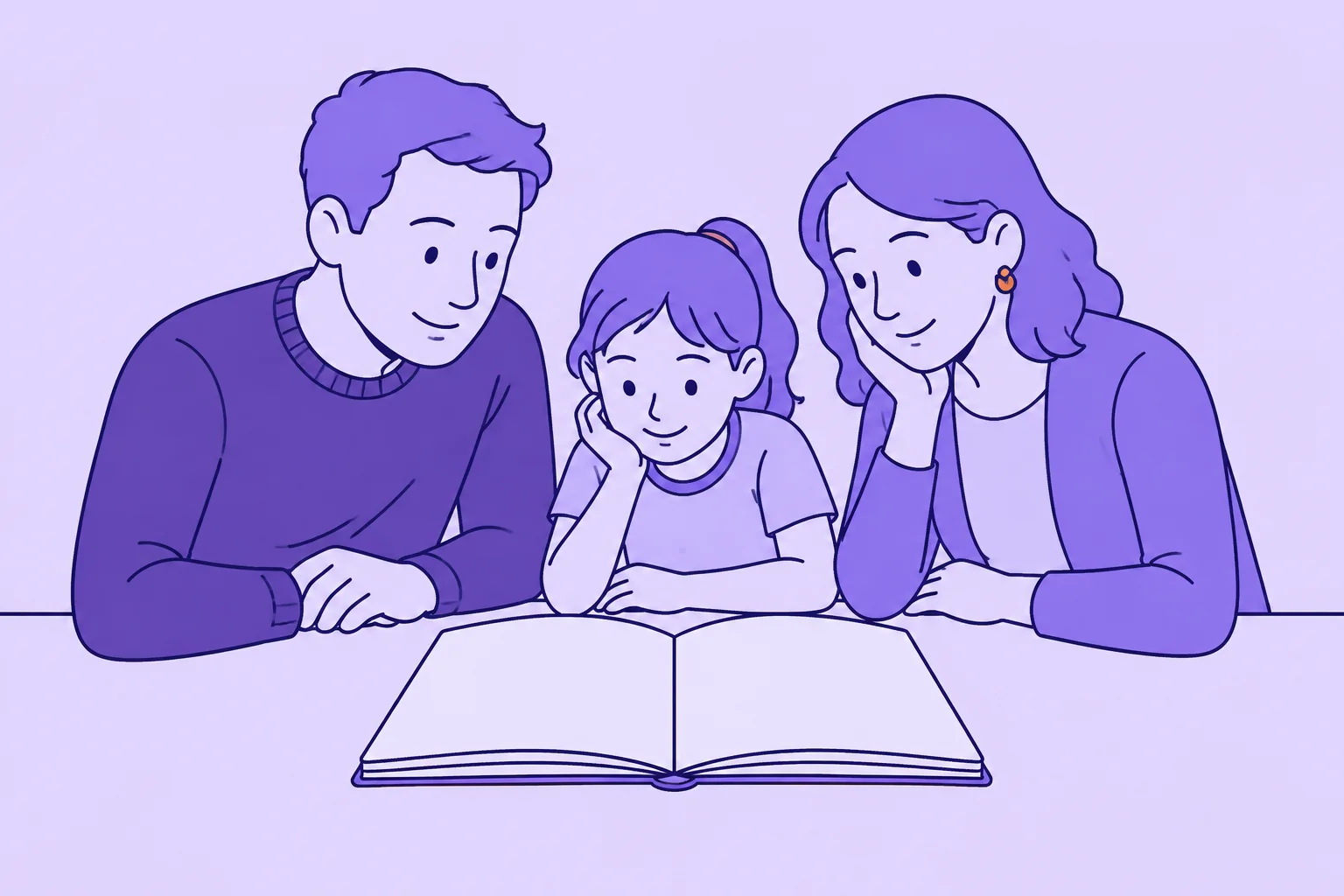 Deux parents et leur enfant autour de la table, le devoir en cours entre eux.