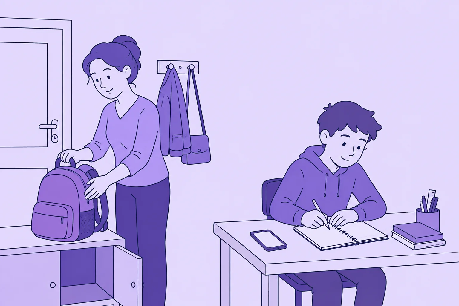 Une mère trie le cartable à proximité pendant que son fils avance seul sur ses devoirs.