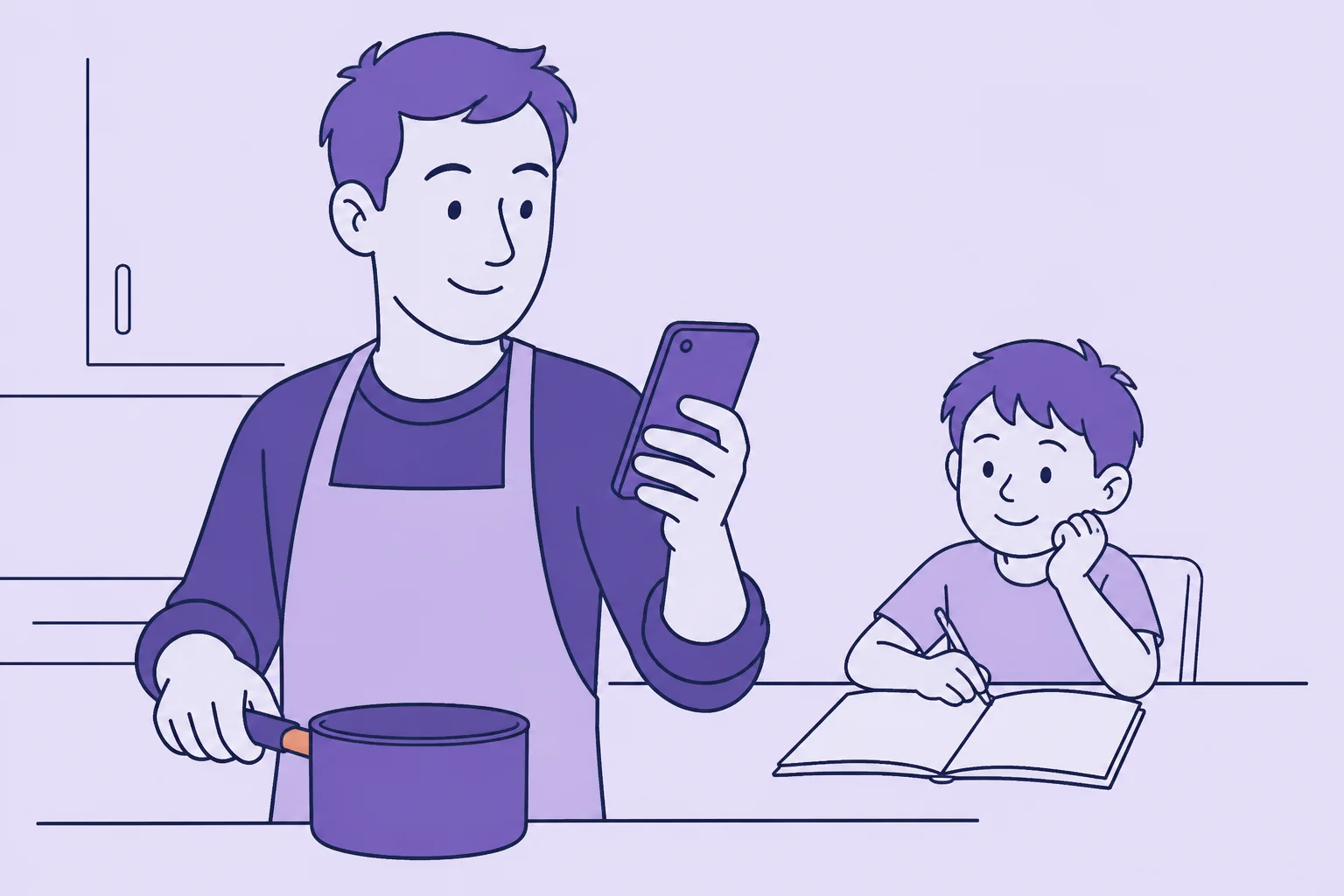 Un père travaille sur des documents tandis que sa fille fait ses devoirs à côté, à portée de voix.